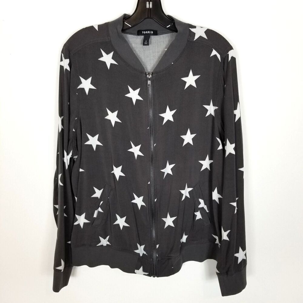 Torrid Women Plus Challis Star Bomber Jacket Size 2X Zip Up Lightweight Gray